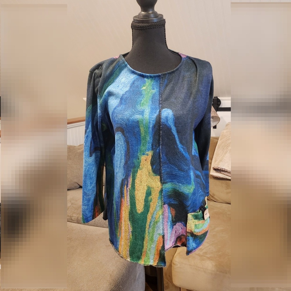 Jess & Jane Art to Wear Blue Green Starry Night Top Made in USA Womens M